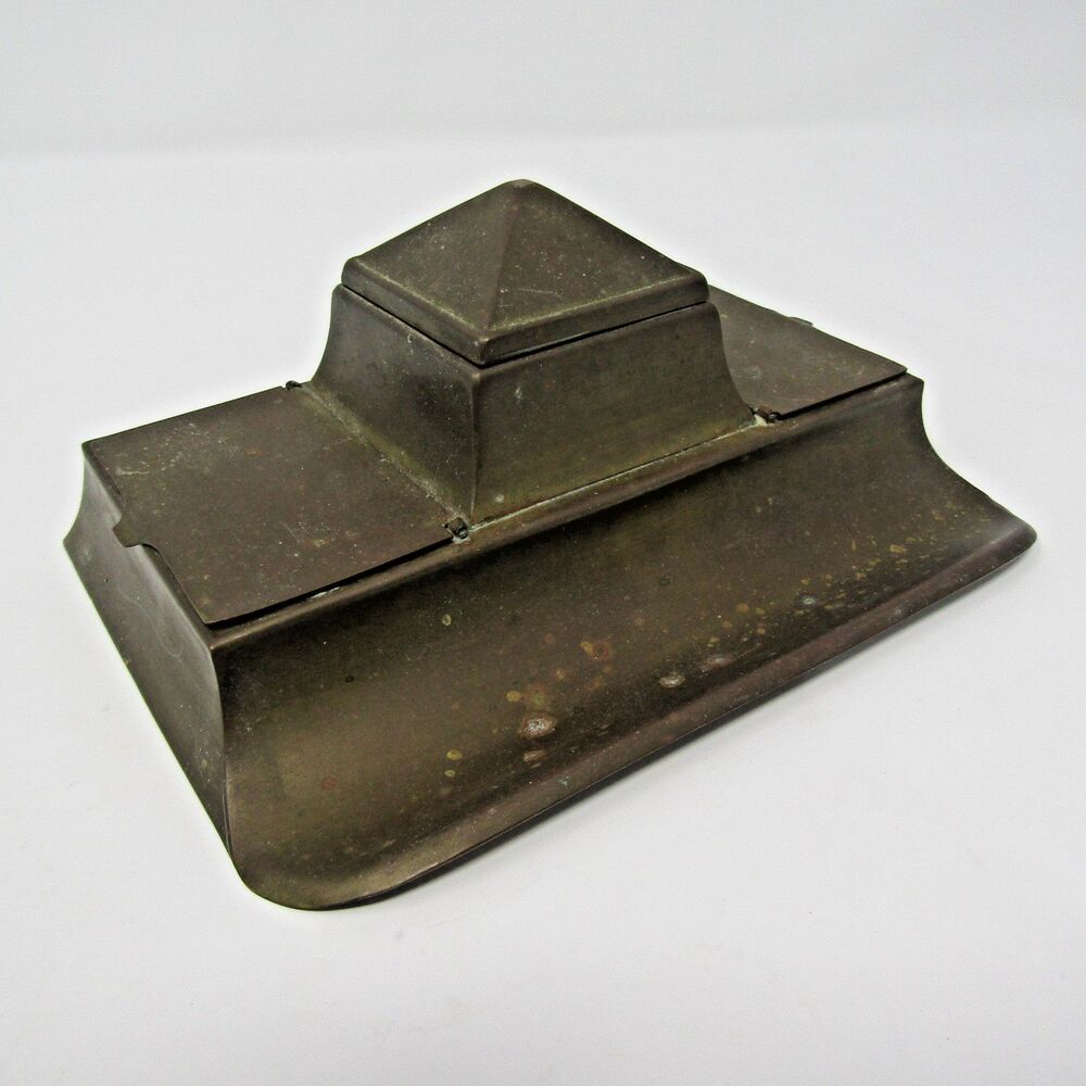Vtg Art Deco Arts Crafts Brass Inkwell Desktop Ink Well Stamp Tray Pyramid Lid